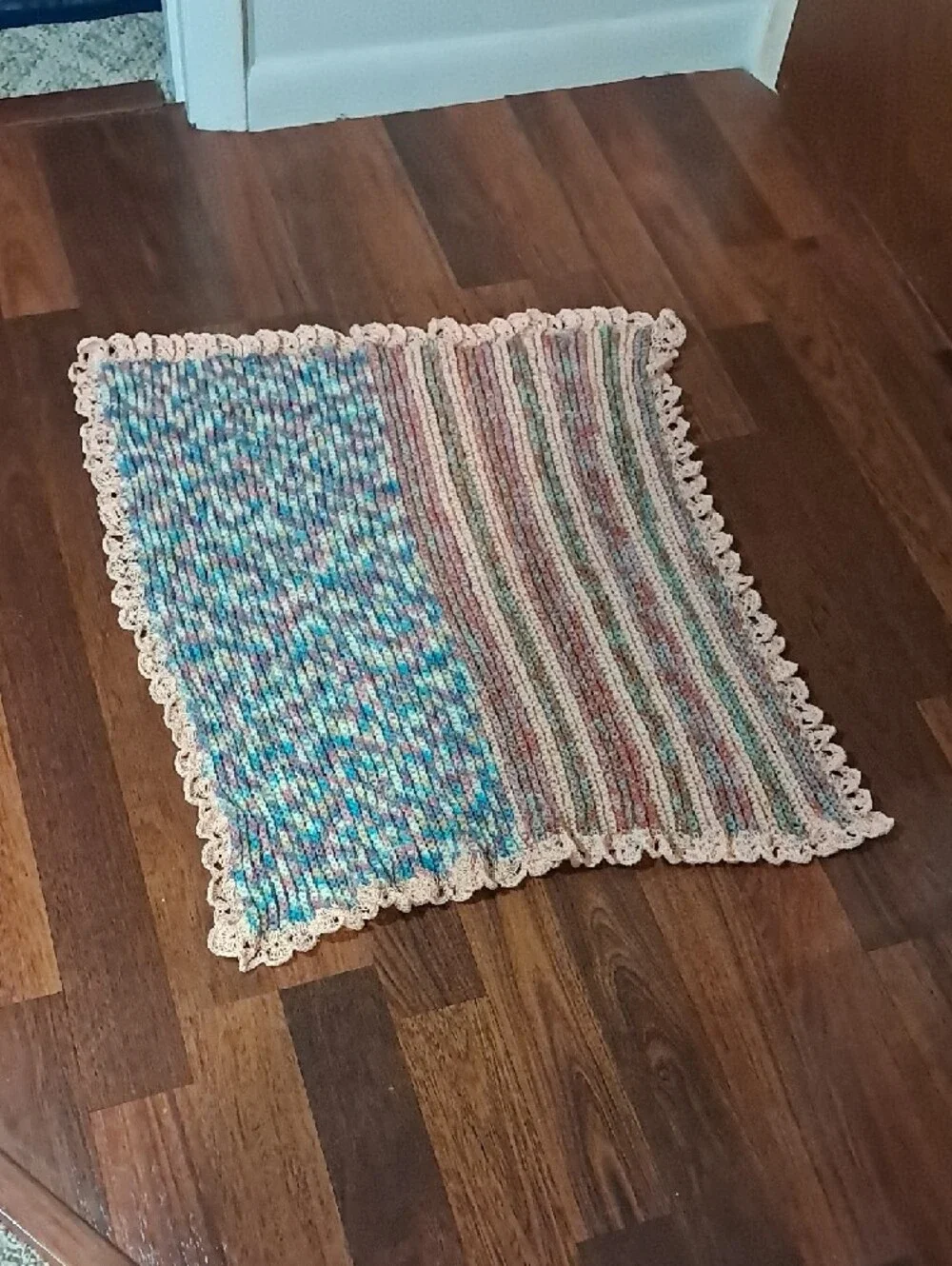 Handmade Multicolor Knit Baby Blanket with Peach Trim